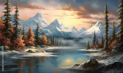  a painting of a mountain lake surrounded by pine trees and snow covered mountains in the distance, with a sunset in the distance, and clouds in the foreground.  generative ai © Anna
