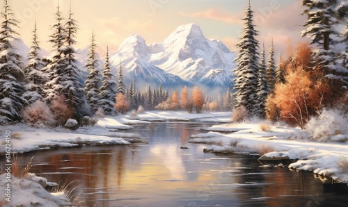  a painting of a snowy mountain scene with a river running through the center of the picture and trees in the foreground, and a river running through the center of the picture. generative ai