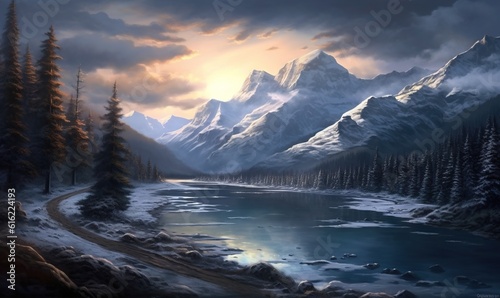  a painting of a snowy mountain landscape with a lake and pine trees in the foreground and a cloudy sky with a sun setting in the background. generative ai
