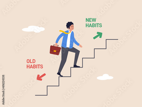 Make a choice concept. Businessman walking up stair to new habits way. Old Habits and new habits choice, Choose a new direction. Modern flat vector illustration.