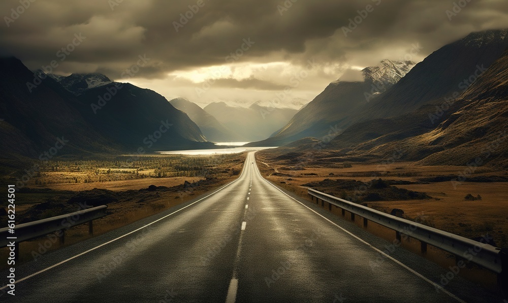  a long road with mountains in the background and a lake in the middle of the road in the middle of the road is a cloudy sky.  generative ai