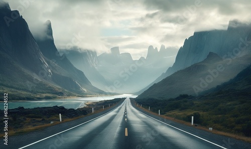  a long straight road with mountains in the background and a body of water in the middle of the road in the middle of the road. generative ai