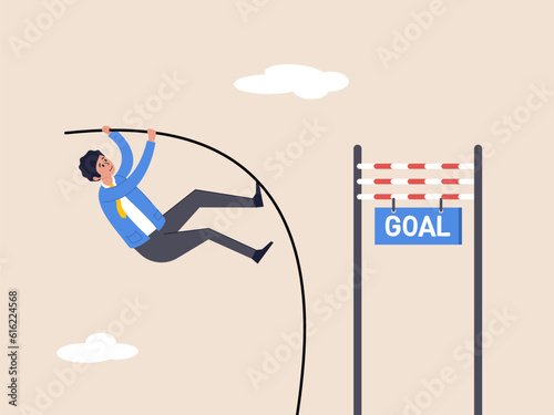 Business goal achievement concept. Success solving business problem or succeed survive on financial crisis, successful confident businessman leader jumping pole vault.