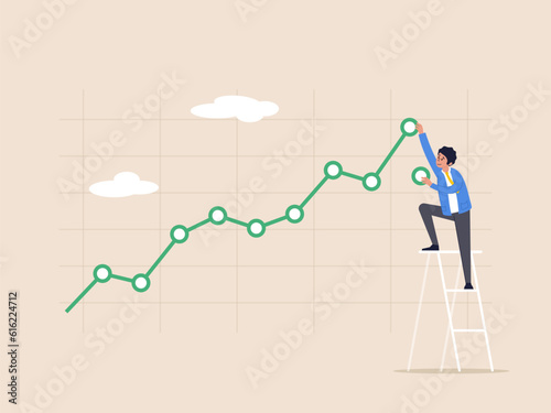 Stock price growth concept. Asset price soaring or rising up, bullish stock market or economic recovery, confident businessman trader climbing up ladder to draw green rising up investment line graph.