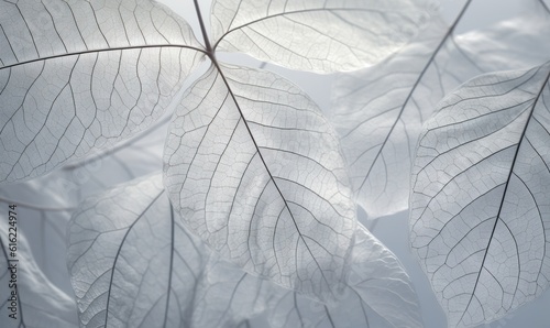  a close up of a white leaf on a white background with a blue sky in the back ground and a few white leaves on the top of the leaves. generative ai © Anna