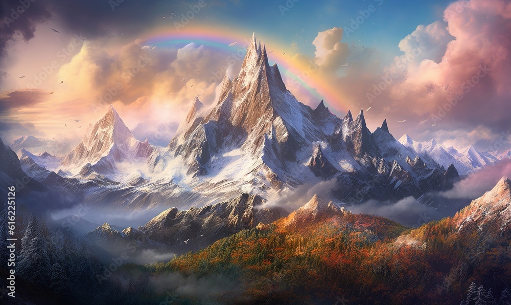  a painting of a mountain range with a rainbow in the sky and clouds in the sky above it and a rainbow in the sky above it.  generative ai