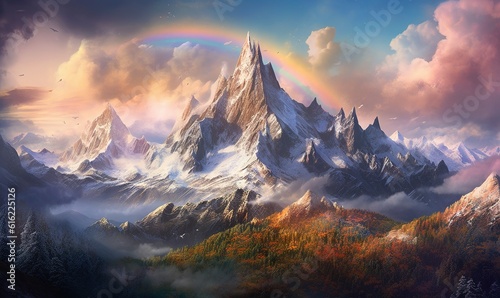  a painting of a mountain range with a rainbow in the sky and clouds in the sky above it and a rainbow in the sky above it. generative ai