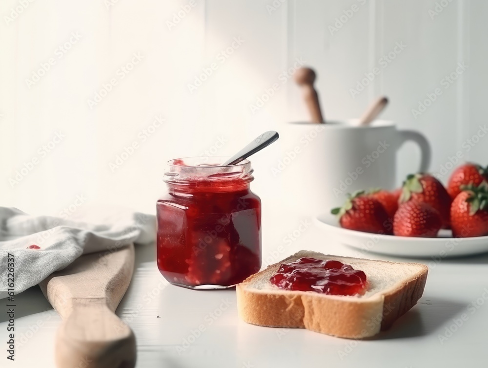 Toast with strawberry jam for breakfast on white table. Generative AI Toast with strawberry jam for breakfast on white table. Generative AI