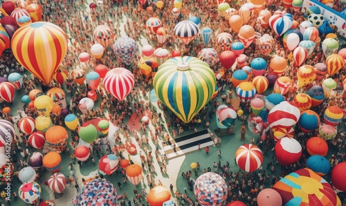  a large group of people standing around a bunch of hot air balloons in the air with people standing around them in the middle of the air. generative ai
