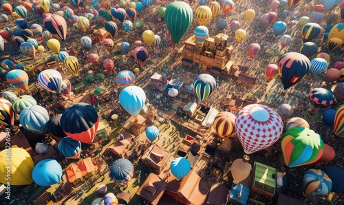  a large group of hot air balloons flying in the sky above a city with lots of buildings and buildings in the background and a lot of people standing around them.  generative ai