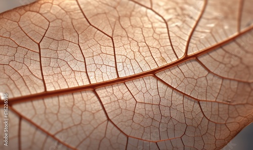  a close up of a leaf's brown vein on a white surface with a light reflection on the leaf's back end of the leaf.  generative ai