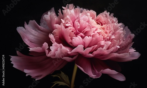  a large pink flower with a black background in the middle of the image is a single stem with a budding stem in the middle of the flower. generative ai