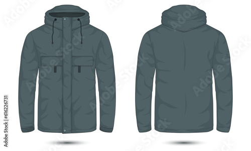 Hooded outdoor jacket template front and back view