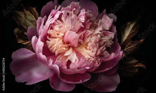 a large pink flower with green leaves on a black background with a black background and a black background with a pink flower on a black background. generative ai