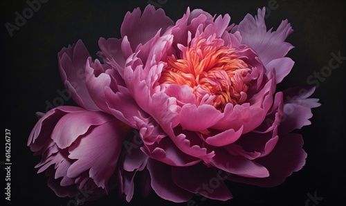 a large pink flower with a black background in the middle of the image is a close up view of the center of the large flower. generative ai