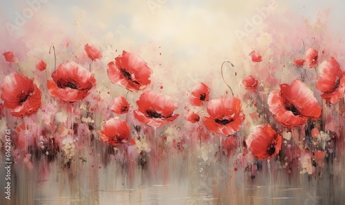 Fototapeta Naklejka Na Ścianę i Meble -   a painting of red flowers on a white background with a light reflection of the sky in the water and a light reflection of the sky in the water.  generative ai
