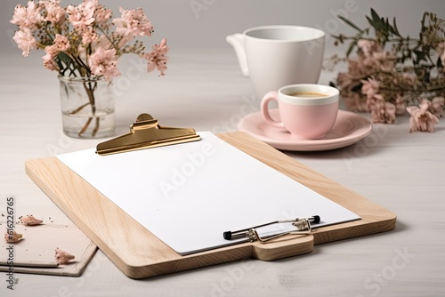 Mockup of a white clipboard on a beige table with a cup of coffee and oleander. Generative AI