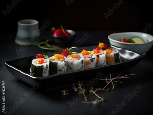Delicious sushi rolls on black table, Japanese food. Generative AI