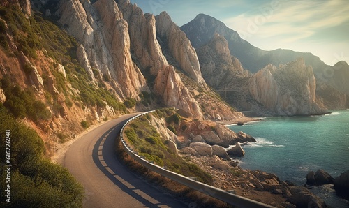  a curved road next to a body of water with mountains in the background and a body of water in the foreground with a boat on the right side of the road. generative ai