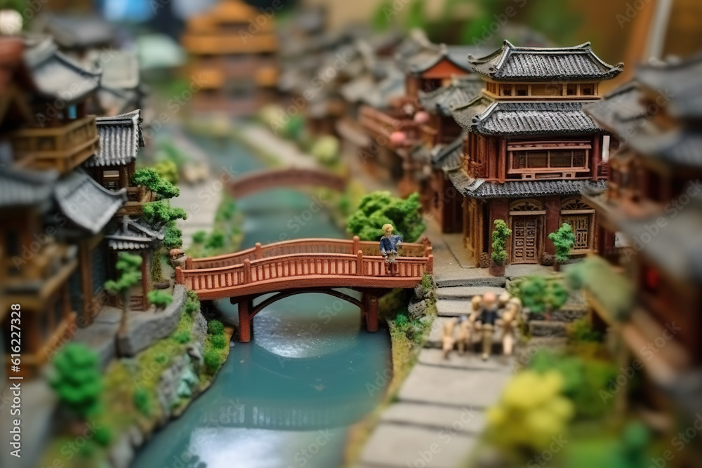 A miniature model of a bridge over a river. Generative AI.