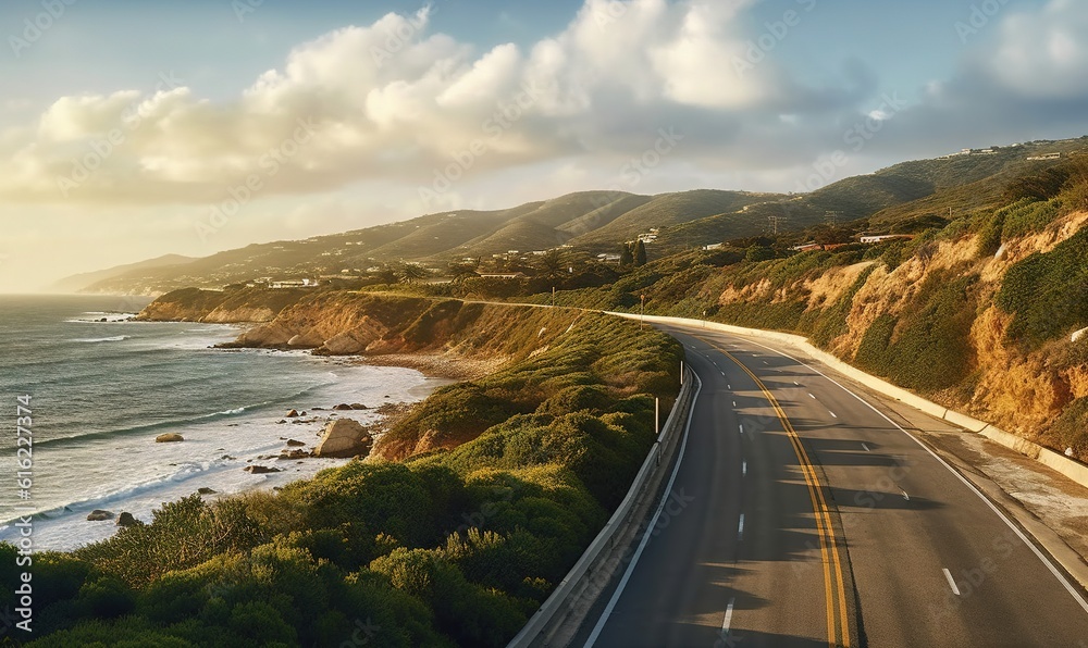  a scenic road with a view of the ocean and mountains in the background at sunset or sunrise time with a long view of the ocean.  generative ai