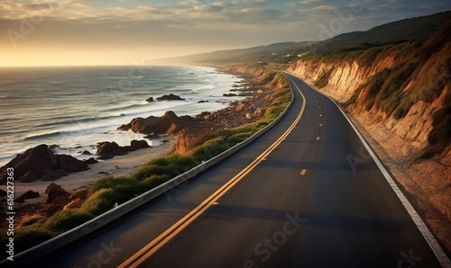  a long road next to the ocean with a view of the ocean and mountains in the background at sunset or sunrise or sunset time with the sun going down. generative ai