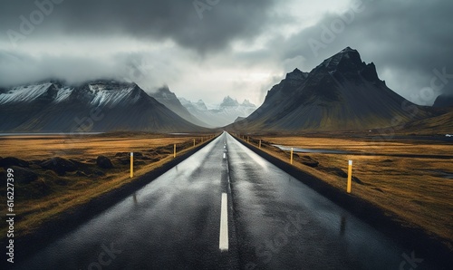  a long straight road with mountains in the background and a cloudy sky in the distance, with a yellow post in the middle of the road. generative ai