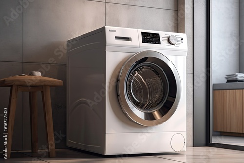 Modern washing machine with electric motor, white with black inserts, and shadowed gray letters. Generative AI