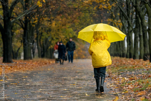 Lonely boy with an umbrella walking in the rain in autumn park. Child on the walk. Back view