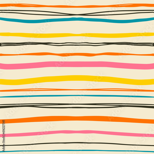 Handdrawn small and broad horizontal stripes in vintage orange retro yellow bright pink blue and black