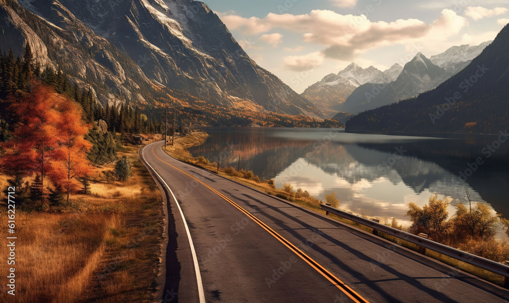 Fototapeta premium a scenic view of a mountain lake and a road with a curve in the middle of the road and mountains in the background with clouds in the sky. generative ai