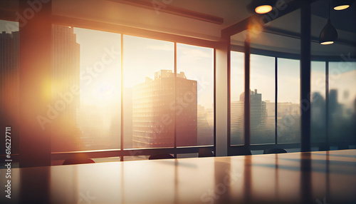 Beautifully Blurred Background of a Light Modern Office Interior with Panoramic Windows and Beautiful Lighting