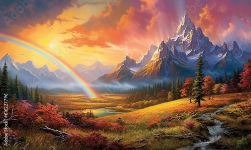  a painting of a rainbow over a mountain range with a stream in the foreground and a rainbow in the distance with a mountain range in the background.  generative ai © Anna