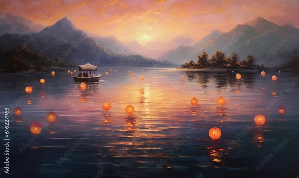  a painting of a boat floating in a lake with lanterns floating in the air above it and mountains in the distance with a sunset in the background.  generative ai