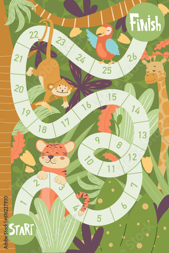 Children board game walker. Cartoon map in jungle forest, tropical plants and wild animals. Vector template, entertainment for kids.