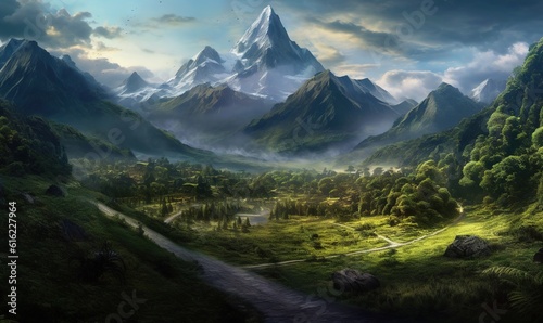  a painting of a mountain landscape with a path leading to a valley and a river in the foreground with a mountain range in the background. generative ai