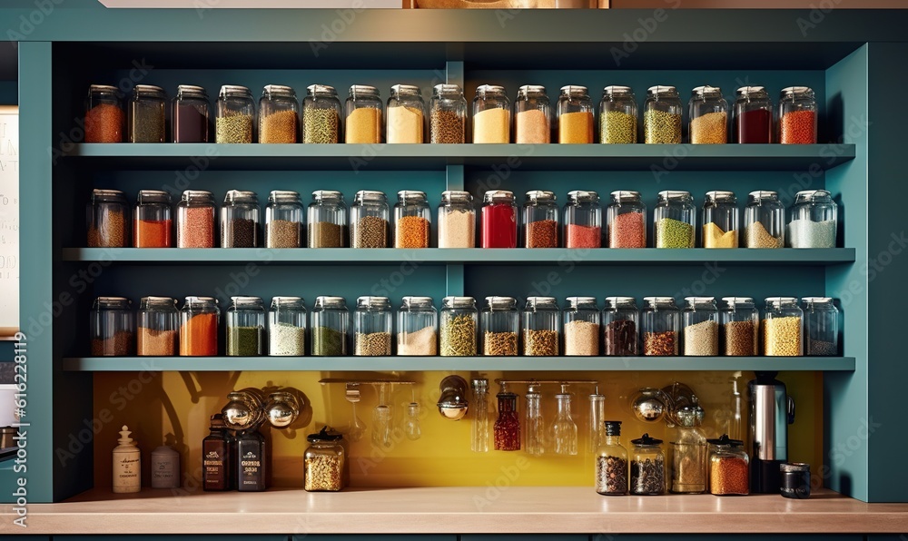  a shelf filled with lots of different types of spices and seasonings on it's sides and a blue painted wall behind the shelves.  generative ai