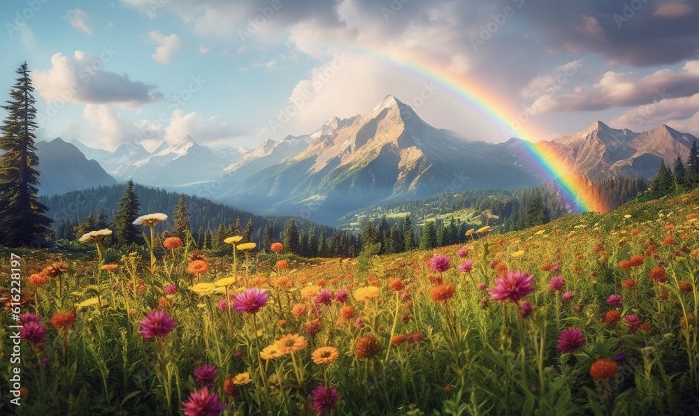  a rainbow in the sky over a mountain with wildflowers and a meadow full of wildflowers with a rainbow in the background.  generative ai