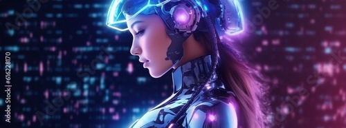 Illustration of a cyborg woman and Ai technology background , AI Generated