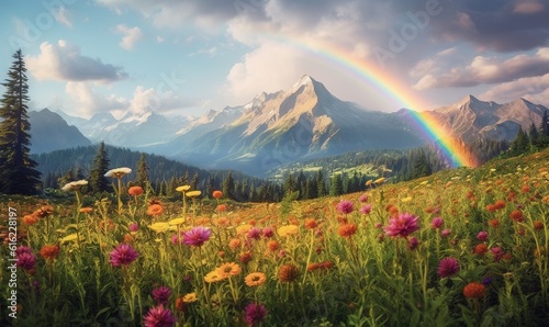  a rainbow in the sky over a mountain with wildflowers and a meadow full of wildflowers with a rainbow in the background. generative ai