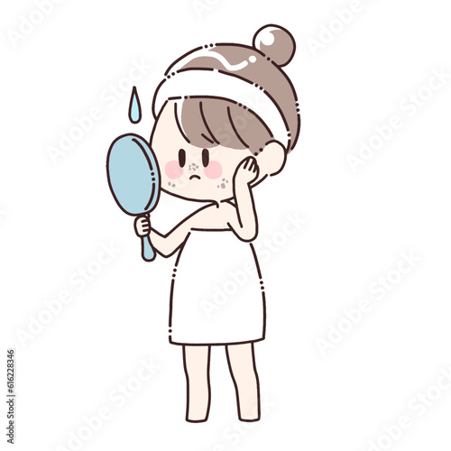 手鏡を見て悩むの女性
