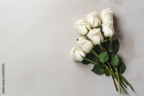 A bunch of white roses sitting on top of a table. Generative AI. Copy space  place for text  copyspace.
