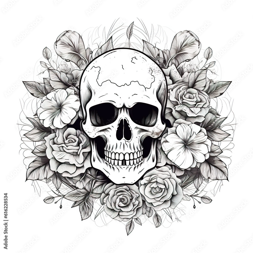Obraz premium A black and white drawing of a skull surrounded by flowers. Generative AI.