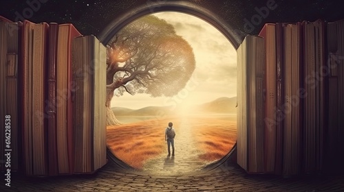 Ilustration of a man standing inside a tunnel made of books