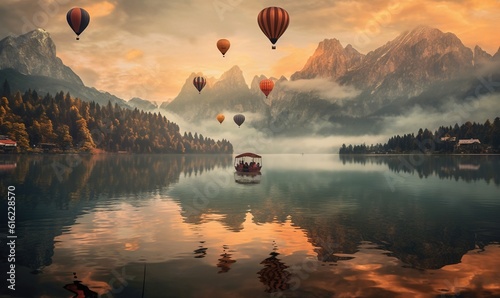  a boat floating on top of a lake surrounded by mountains under a sky filled with clouds and hot air balloons flying over a lake below. generative ai