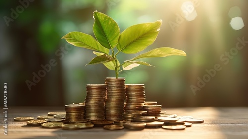 Passive income investment, plant growing on coin, generative ai