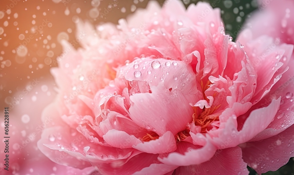 a close up of a pink flower with water droplets on it's petals and a blurry background of raindrops on the petals. generative ai a close up of a pink flower with water droplets on it's petals and a blurry background of raindrops on the petals. generative ai