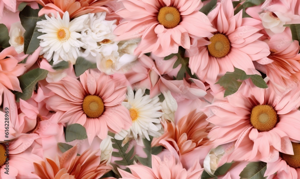 a bunch of pink and white flowers with green leaves on a pink background with white and yellow petals and green leaves on the top of the petals. generative ai a bunch of pink and white flowers with green leaves on a pink background with white and yellow petals and green leaves on the top of the petals. generative ai