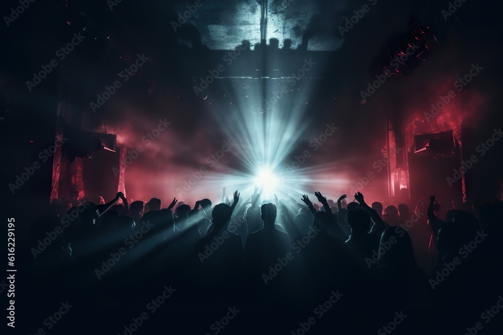 Crowd of people dancing at a nightclub concert. ai generative art.