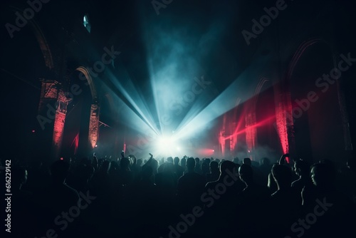 Crowd of people dancing at a nightclub concert. ai generative art.